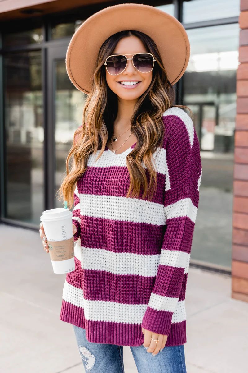 Wishing To See You Maroon Striped Sweater DOORBUSTER | The Pink Lily Boutique