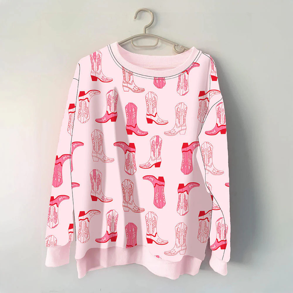 Light Pink Western Boots Printed All Over Sweatshirt | Katydid.com