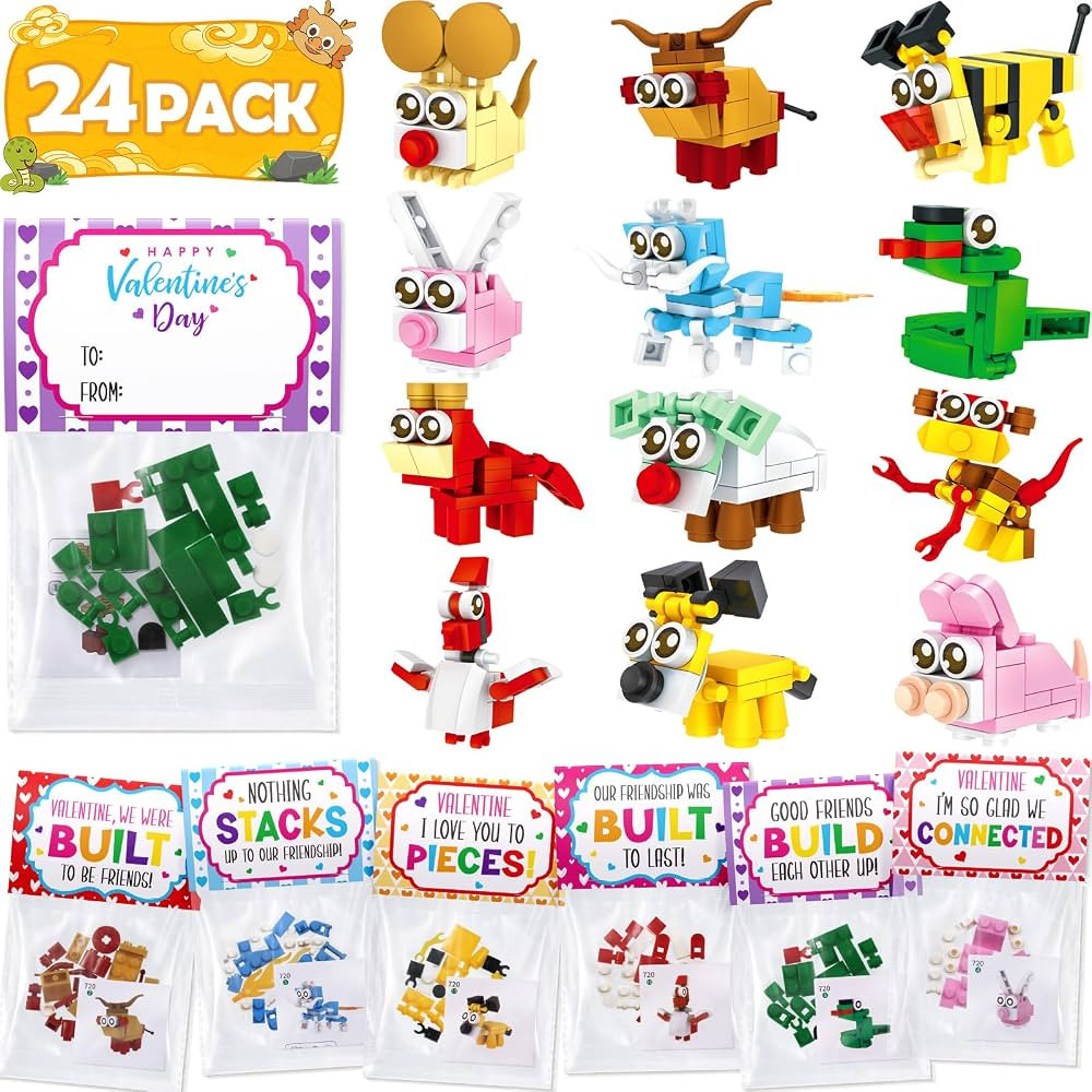 24 Pack Valentines Day Gifts for Kids 8-12, Animal Building Blocks Kit with Gift Cards for Kids S... | Amazon (US)