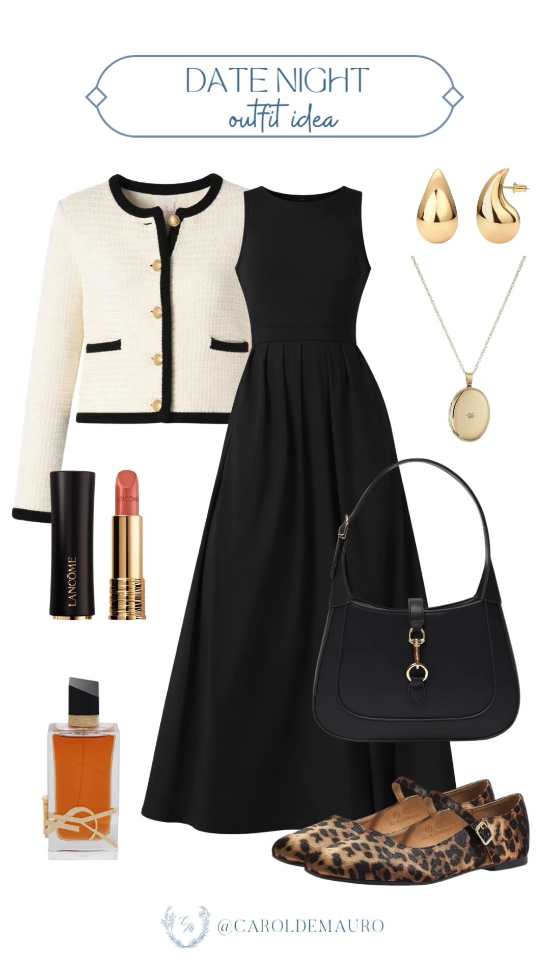 Pair this timeless black midi dress with a chic tweed jacket for a look that's effortlessly elegant. Then, complete your sophisticated date night ensemble with these statement leopard print Mary Janes and polished gold accessories.

amazon fashion, date night, formal wear, clean girl look, timeless fashion, elegant style, trendy accessories, romantic look

#LTKSeasonal #LTKootd #LTKU