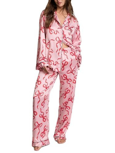 LILTWIST Holiday Cute Bow Pajamas Women Silk Satin Pink Heart Print Pjs 2 Piece Long Sleeve Shirt Matching Lounge Pants Set | Amazon (US)