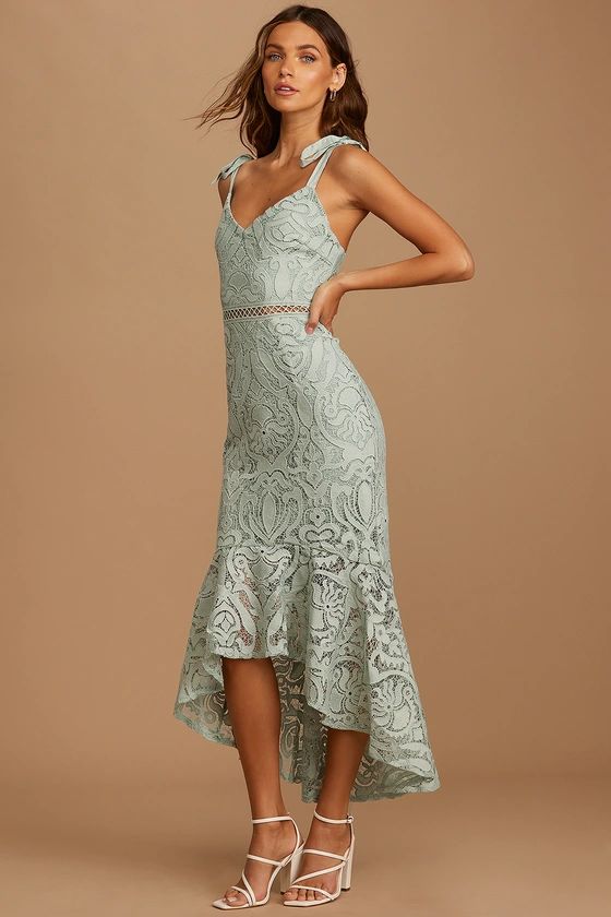 Won Your Heart Sage Green Lace Tie-Strap High-Low Midi Dress | Lulus (US)