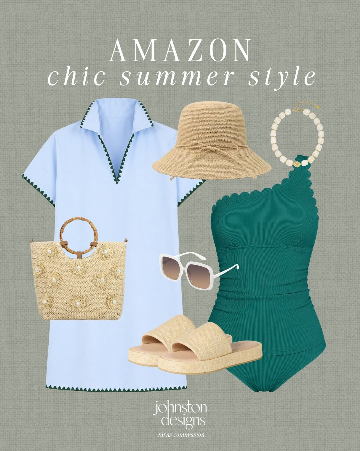 Amazon chic summer style with a scalloped swimsuit, tunic cover-up and neutral resort-ready accessories. 🤍

Amazon chic summer style, green one piece swimsuit, blue tunic dress, scalloped swimwear, straw bucket hat, pearl straw tote, platform slide sandals, white sunglasses, beaded necklace, resort wear outfit, poolside style, beach vacation look, elevated summer outfit, affordable Amazon fashion, warm weather finds 

 #LTKootd #LTKSwim #LTKTravel