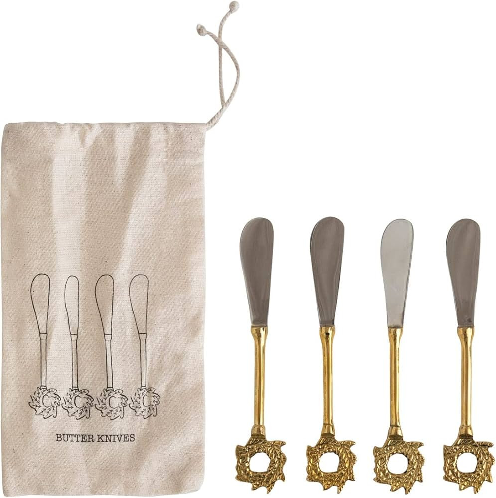 Creative Co-Op Stainless Steel and Brass Canapé Knives with Gold Finish Wreath Handles, Set of 4... | Amazon (US)
