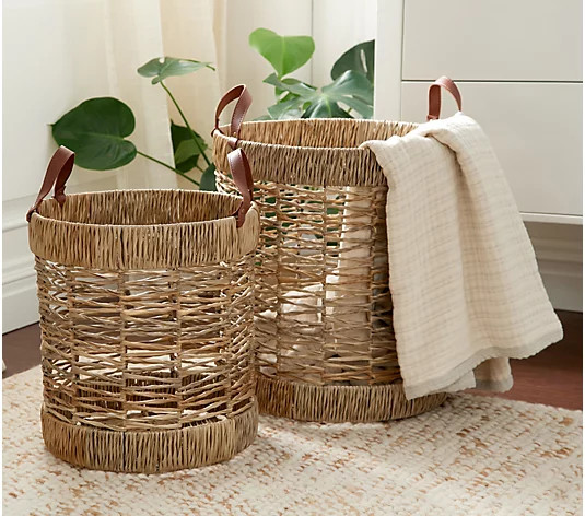 Set of 2 I/O Rattan Baskets with Vegan Leather Handles by Bobby Berk - QVC.com | QVC