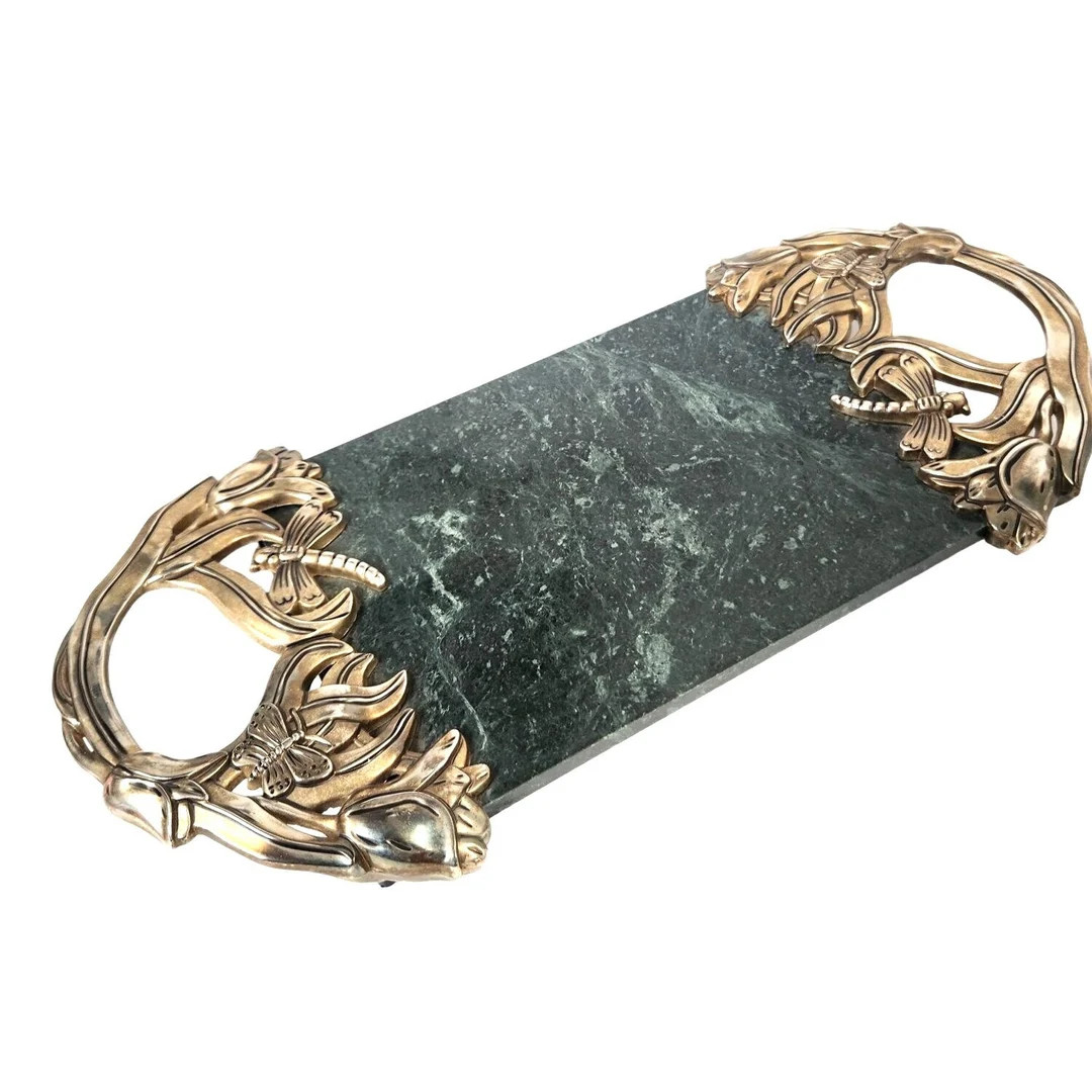 Godinger Silver Art Co Green Marble Brass Serving Tray Floral Butterfly Design - Etsy | Etsy (US)