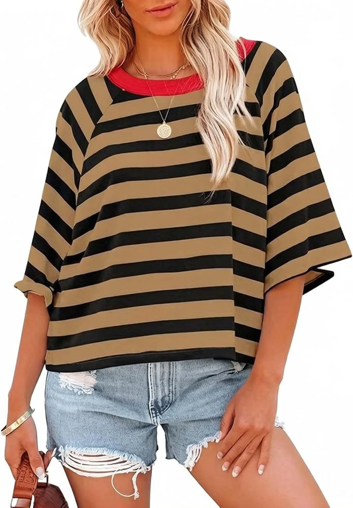 Women's Striped Oversized T-Shirt, Half Sleeve, Crew Neck, Casual Summer Top | Amazon (US)