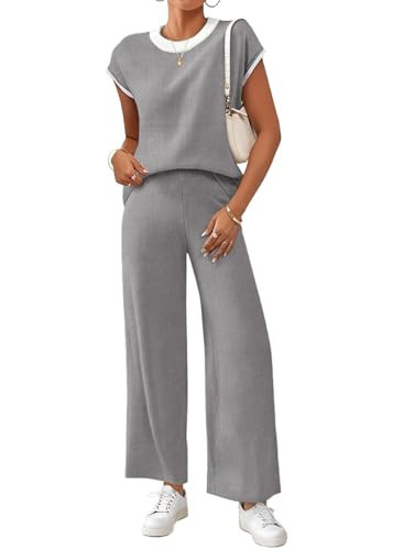 SHEWIN Two Piece Lounge Sets for Women Casual Cap Sleeve Knit Sweater Tops Matching Wide Leg Pants Loose Loungewear Tracksuit Pajamas Set Summer Outfits Grey S | Amazon (US)