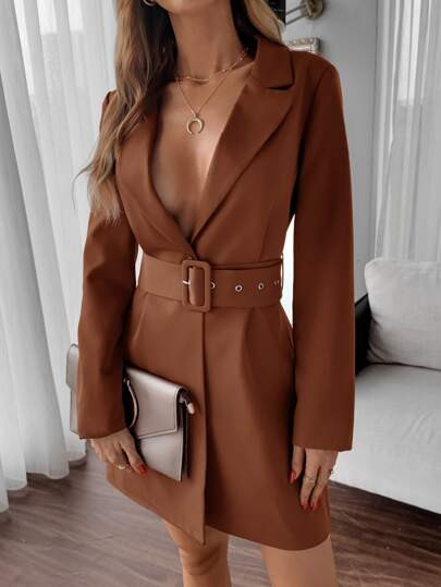 Solid Single Button Front Lapel Neck Blazer Dress | SHEIN