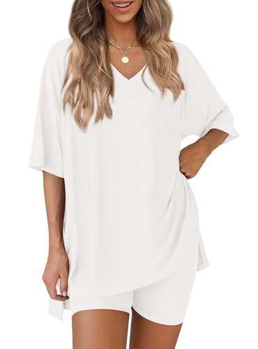 PRETTYGARDEN 2 Piece Sets for Women Summer 2026 Lounge Short Set Spring Matching Biker Shorts V Neck Oversized Shirt Clothing (White,Small) | Amazon (US)