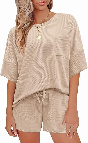 Andeip Pajamas Womens Waffle Knit Lounge Set Short Sleeve Top and Shorts 2 Piece Loungewear Outfi... | Amazon (US)