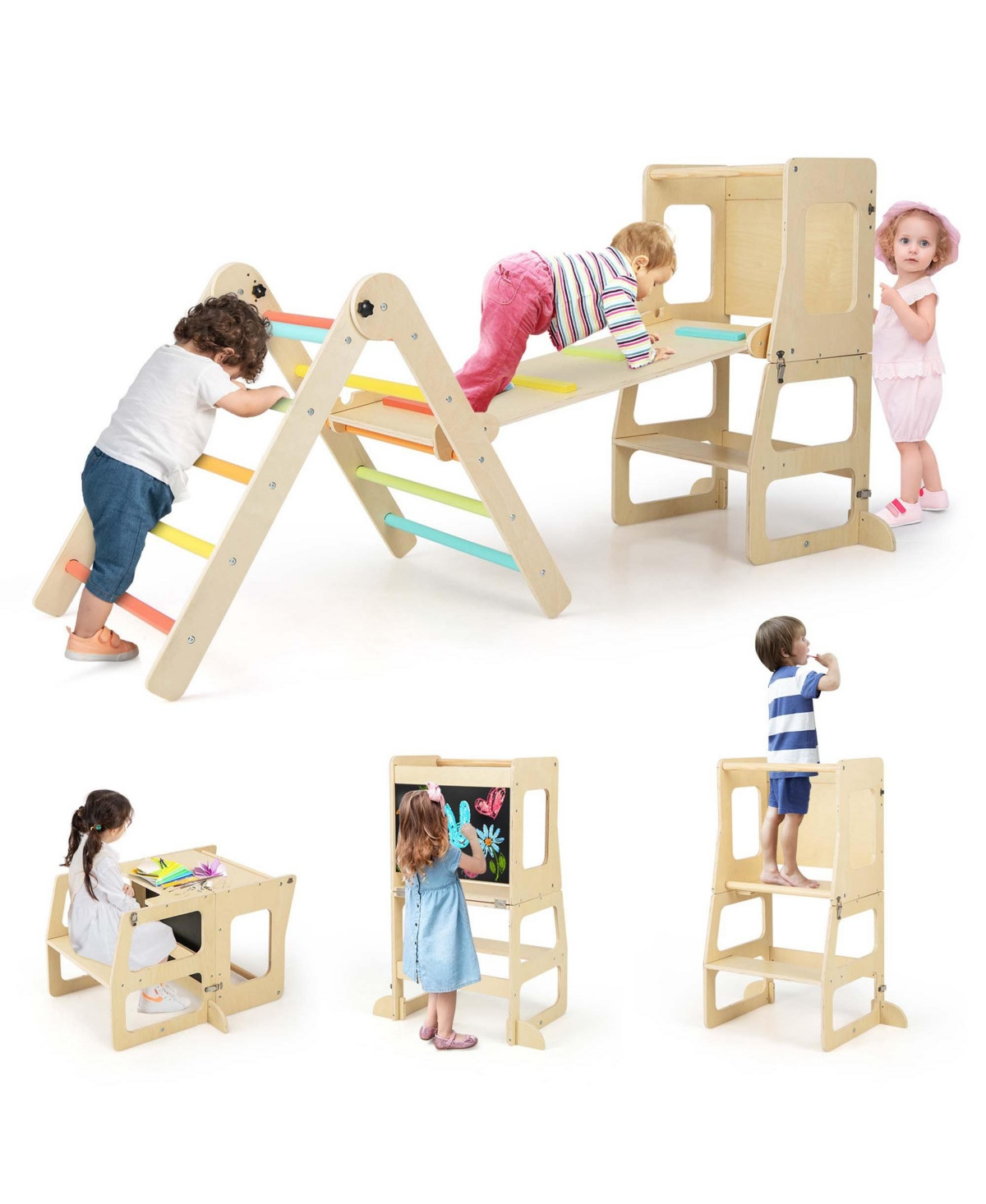 Costway 7-in-1 Toddler Climbing Toy Set with Reversible Ramp Convertible Step Stool - Natural | Macy's