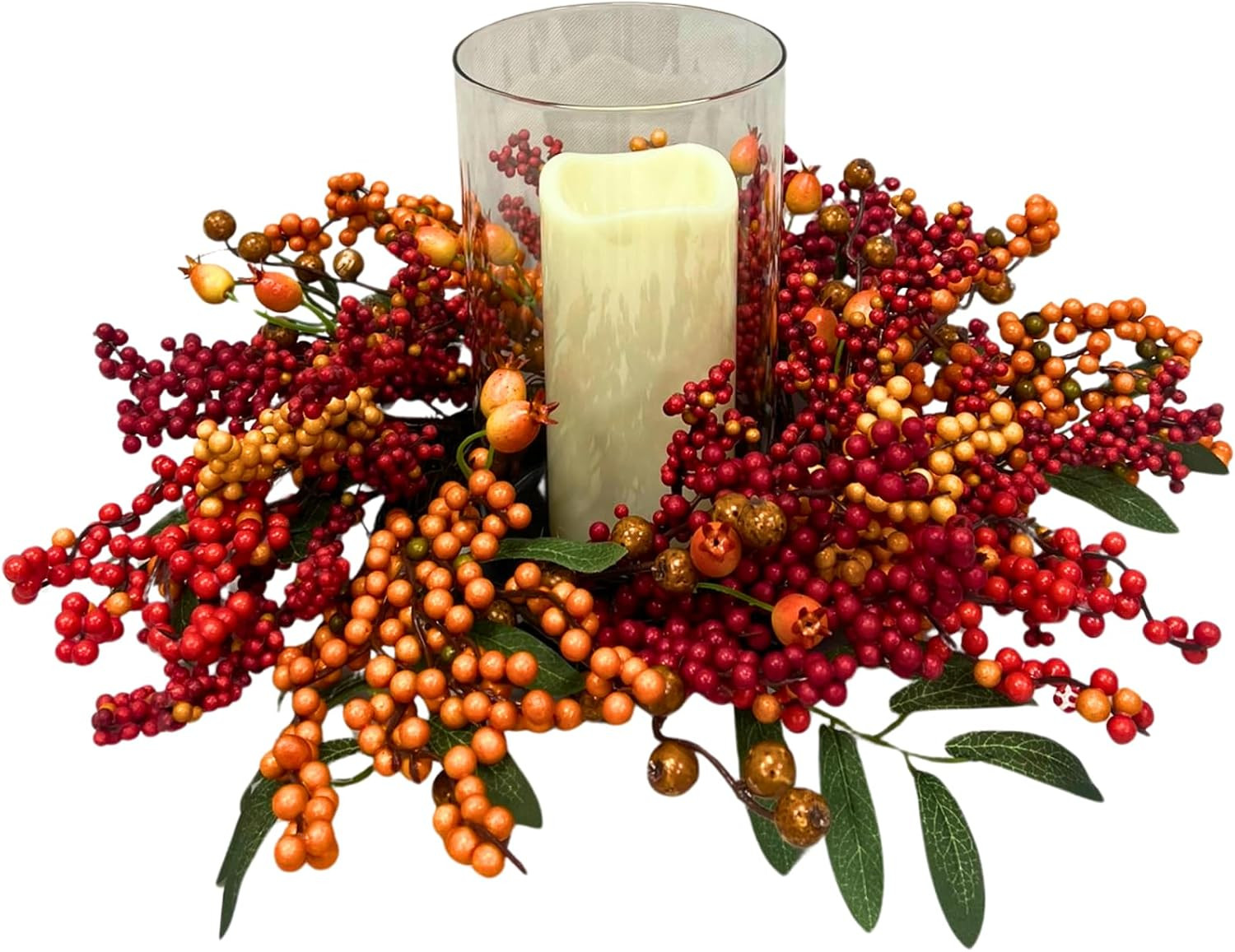 15" Fall Berry Candle Ring Centerpiece with Glass Hurricane Holder | Amazon (US)