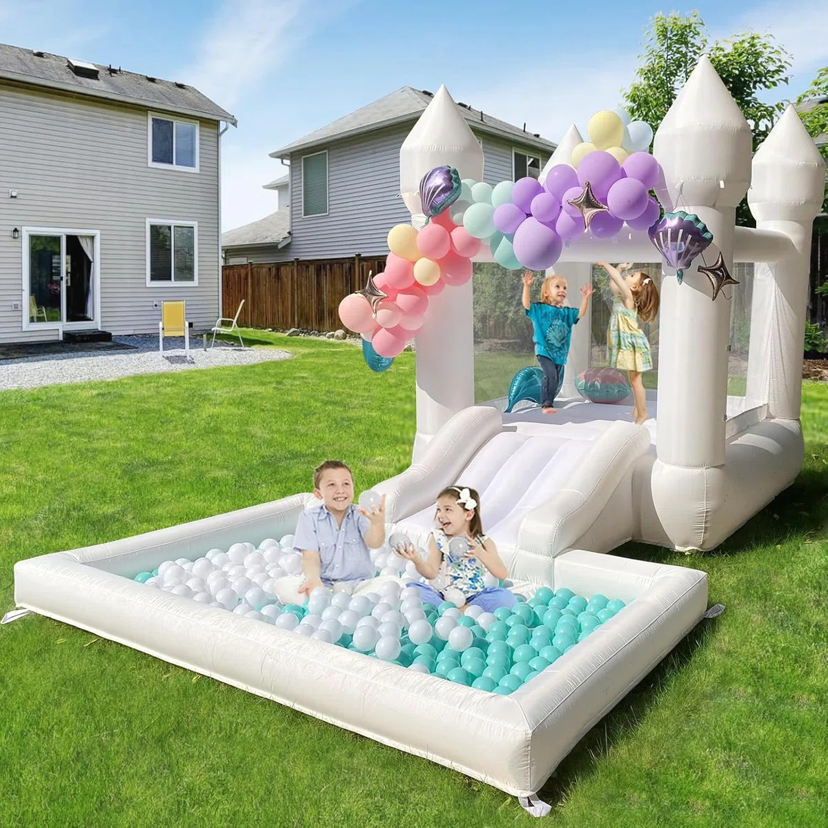 White Bounce House With Ball Pool & Blower For Kids Indoor And Outdoor Summer | Wayfair North America