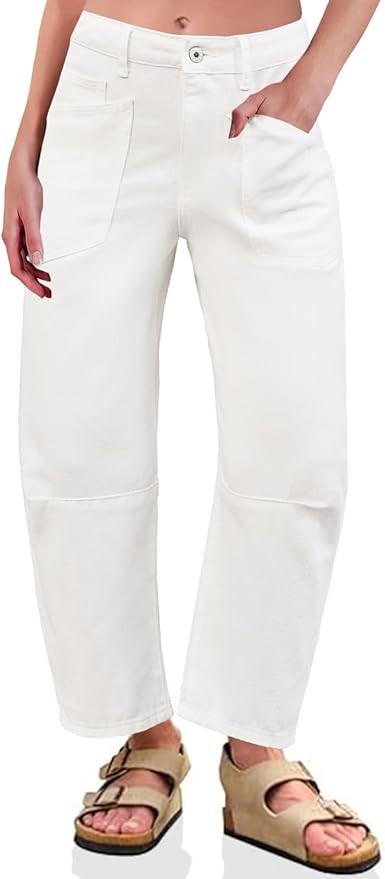 PLNOTME Womens Baggy Barrel Horseshoe Jeans High Waisted Wide Leg Vintage Denim Pants with Front ... | Amazon (US)