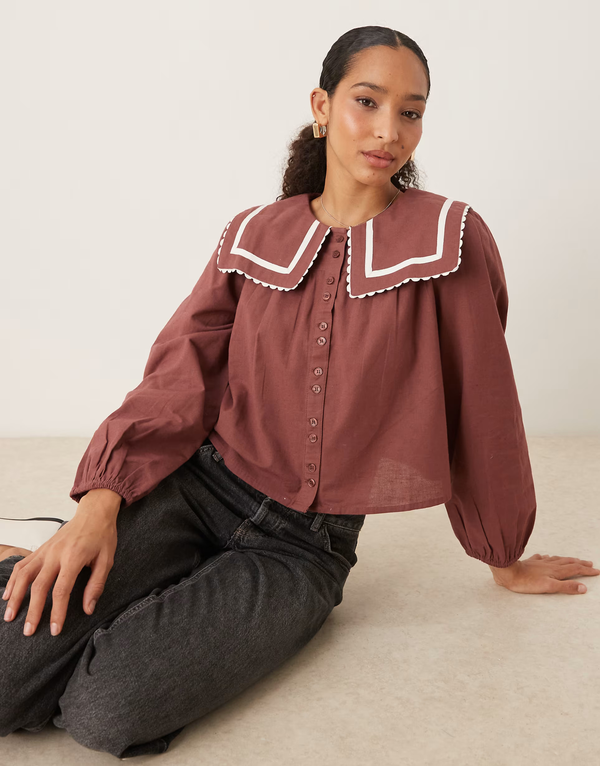Neon Rose balloon sleeve smock blouse in brown | ASOS | ASOS (Global)