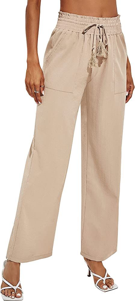 Rapbin Women's Cotton Linen Pants Casual Drawstring Loose Elastic Waist Beach Trousers with Pocke... | Amazon (US)