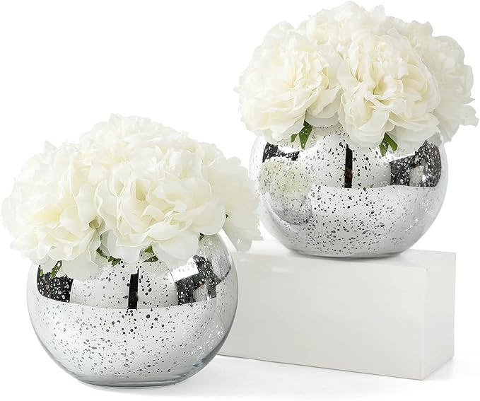 Set of 2 Assorted Faux Flower Arrangement with Mercury Round Vase Silver Vase for Event's, Home D... | Amazon (US)