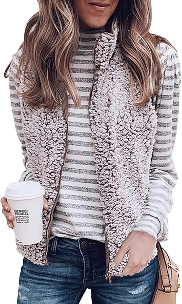 BTFBM Women Fleece Sherpa Fuzzy Warm Lightweight Sleeveless Zip Up Gilet Quilted Reversible Vest ... | Amazon (US)