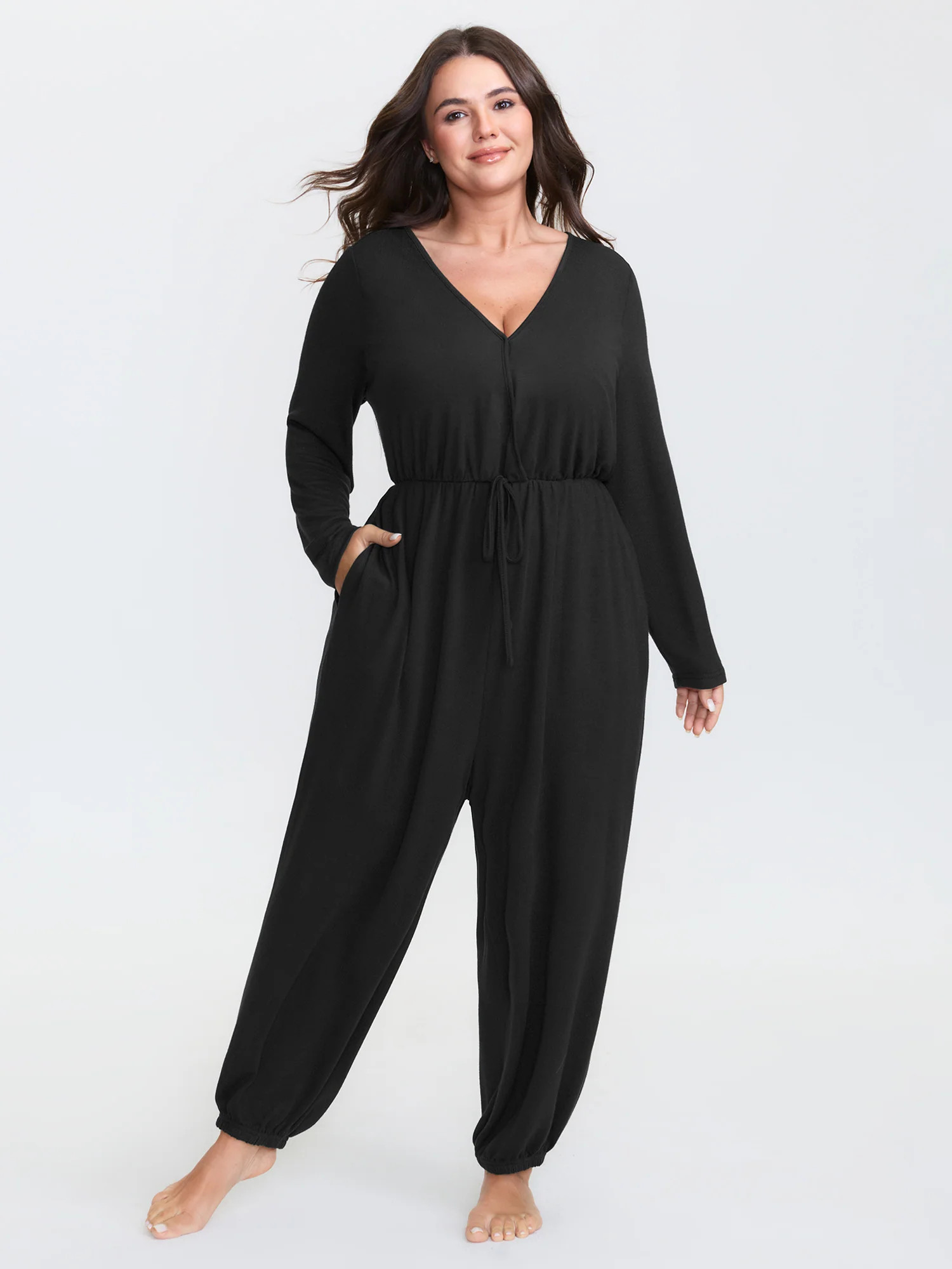 Elastic Waist Overlap Collar Lounge Jumpsuit | Bloomchic