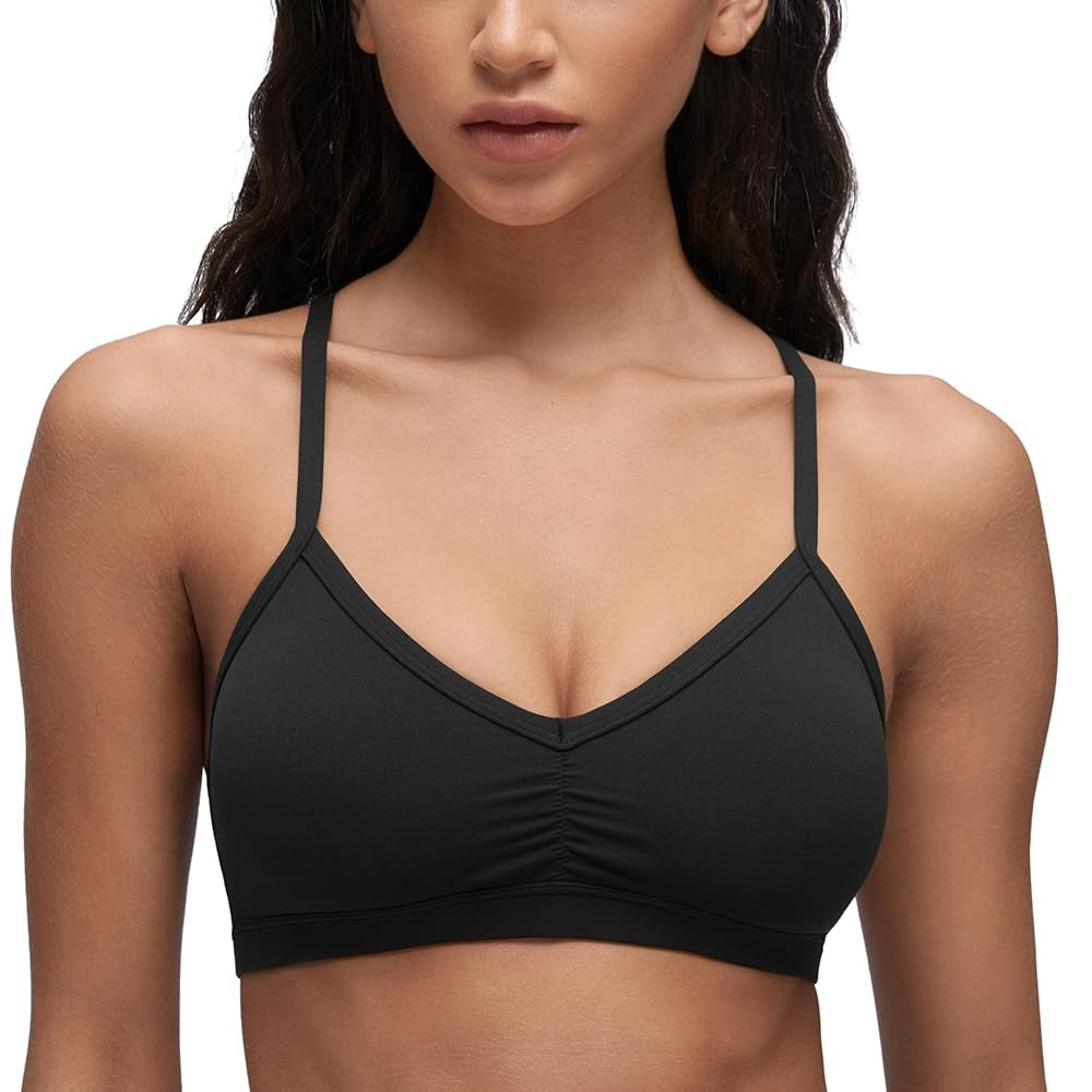 CRZ YOGA Butterluxe Womens Ruched V Neck Sports Bra - Y Back Spaghetti Thin Strap Wireless Padded... | Amazon (US)