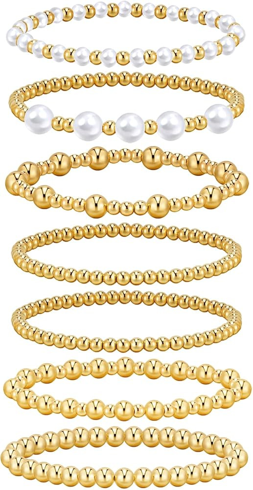 7Pcs Gold Bracelets for Women Gold Plated Beaded Bracelet Elastic Stretch Bead Ball Stack Set Str... | Amazon (US)