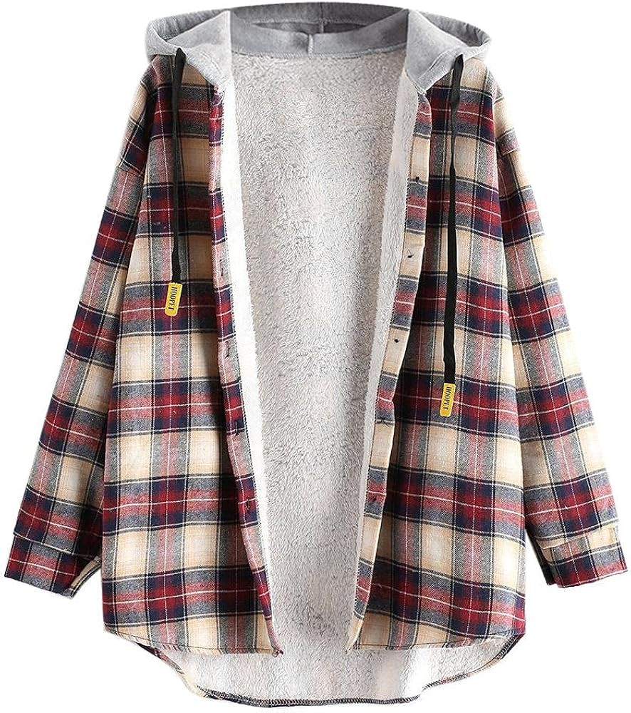 ZAFUL Women's Plaid Fleece Lined Hooded Jacket Button Up Oversized Fuzzy Coat Checkered Flannel H... | Amazon (US)