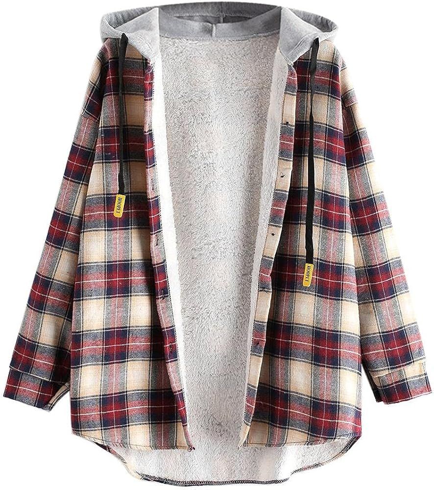 ZAFUL Women's Plaid Fleece Lined Hooded Jacket Button Up Oversized Fuzzy Coat Checkered Flannel Hood | Amazon (US)