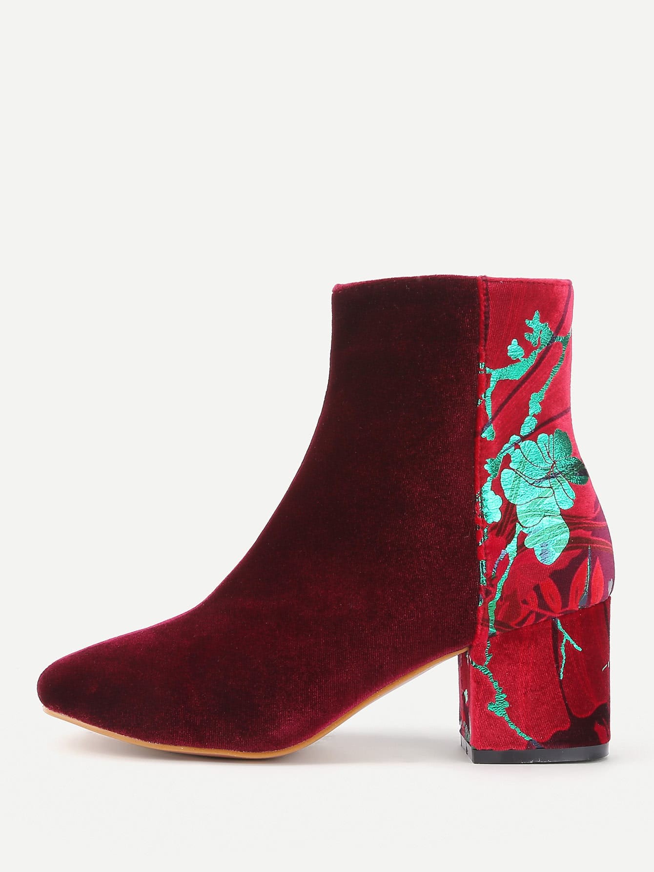 Flower Pattern Detail Velvet Ankle Boots | SHEIN