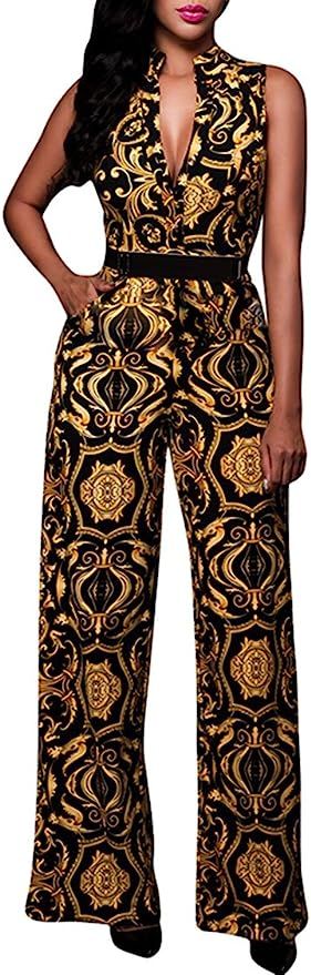 Pink Queen Womens Button Up Printed Long Wide Leg Pant Party Jumpsuits with Belt | Amazon (US)