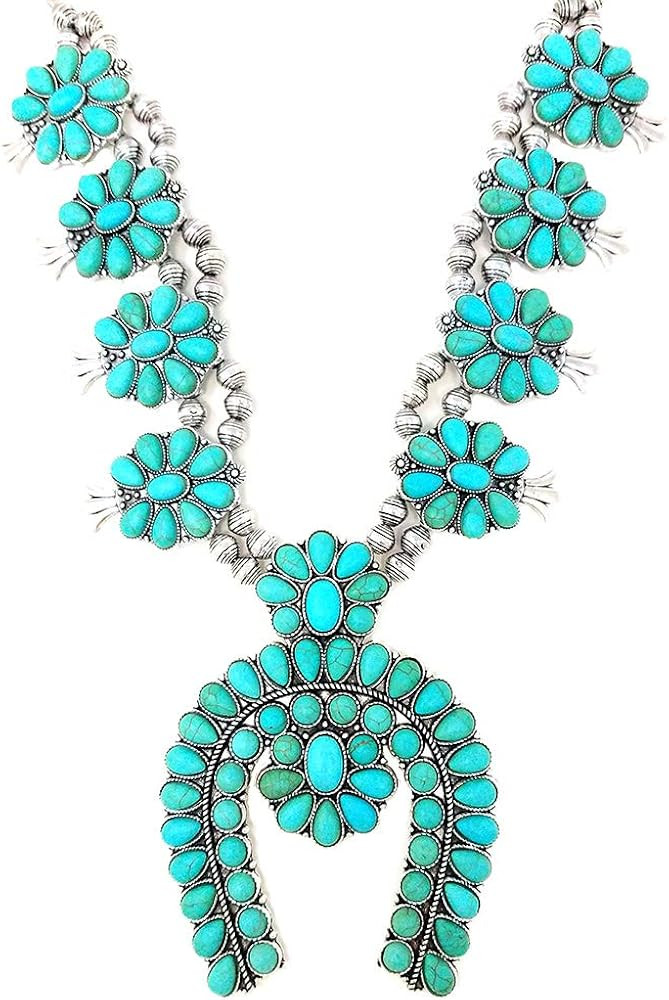 Wesetern Squash Blossom Statement Necklace and Earrings Set Western Naja pendant (Turquoise) | Amazon (US)
