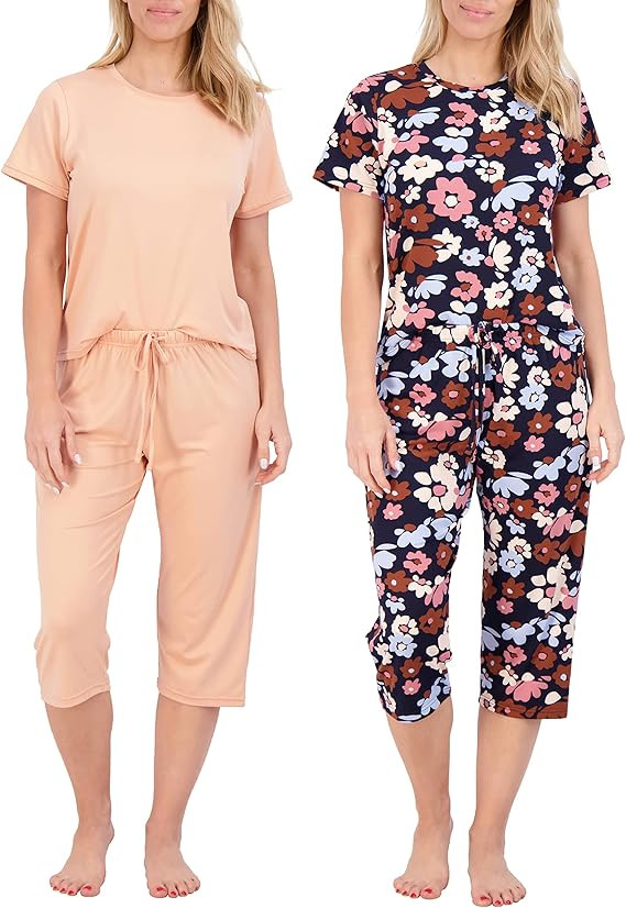 Real Essentials 2 Pack: Womens Short-Sleeve PJ Top with Capri Pants - Pajama Lounge & Sleepwear S... | Amazon (US)