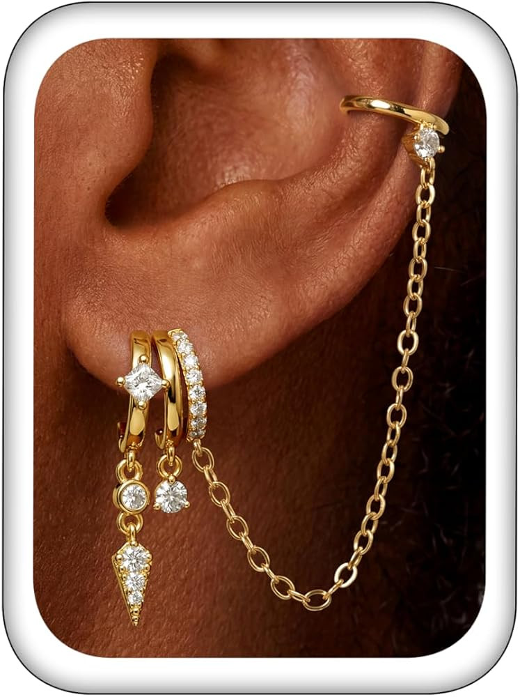 Triple Huggie Stacked Earrings for Women Gold Chain Drop Dangle Earrings Cute Statement CZ Earrin... | Amazon (US)