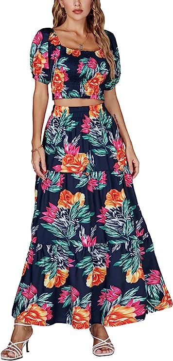 Rooscier Women's 2 Piece Outfit Polka Dots Shirred Crop Top Beach Maxi Skirt Set | Amazon (US)