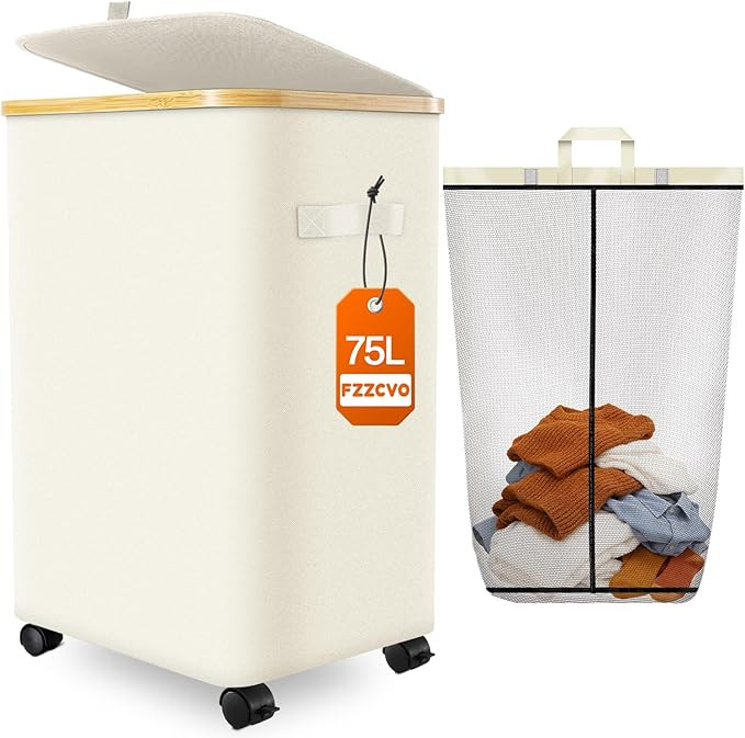 Laundry Hamper with Wheels, 75L Large Clothes Hamper with Removable Inner Bag, Collapsible Dirty ... | Amazon (US)