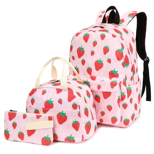 Yusudan Strawberry Girls School Backpack Set, Kids Teens School Bag Bookbag with Lunch Bag Pencil Bag | Amazon (US)