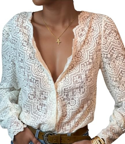Lace Tops for Women Dressy Casual Blouses Puff Long Sleeve V Neck Button Down Business Work Shirt... | Amazon (US)