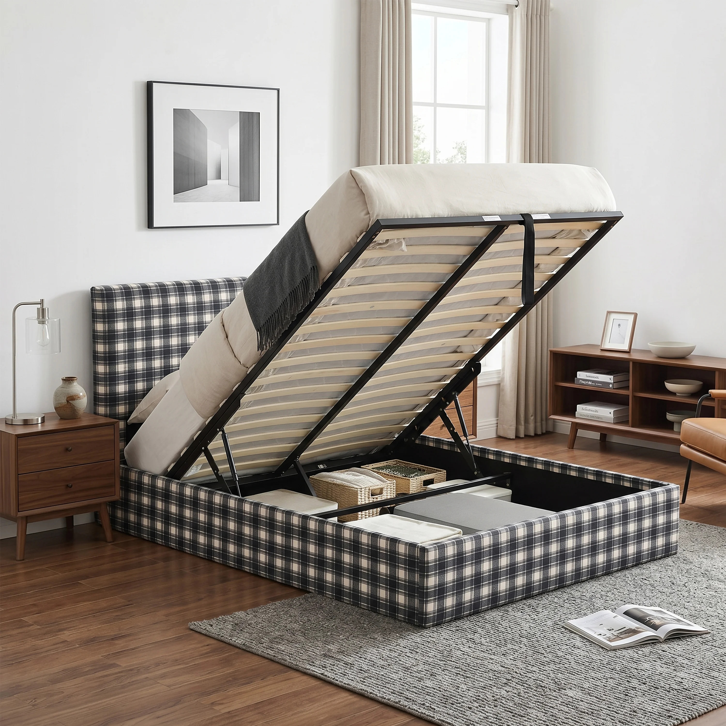 Lift Up Storage Upholstered Platform Bed With Plaid Pattern Headboard, No Box Spring Needed, White/Blue Check | Wayfair North America