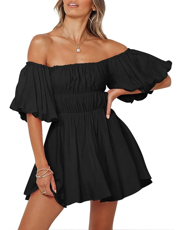 Dokotoo Womens Off The Shoulder Summer Dresses 2025 Short Lantern Sleeve Ruffle Elastic Waist A-L... | Amazon (US)