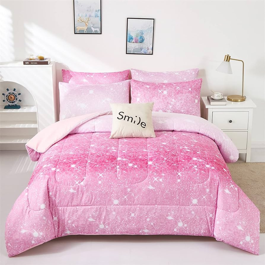 kiddiku Pink Glitter Comforter Twin Size for Girls, Sparkle Galaxy Twinkle Starlight Comforter fo... | Amazon (US)