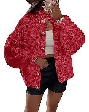 Saodimallsu Womens Ruffle Cardigan Oversized Button Up Fall Trendy Ribbed Knit Open Front Long Sl... | Amazon (US)