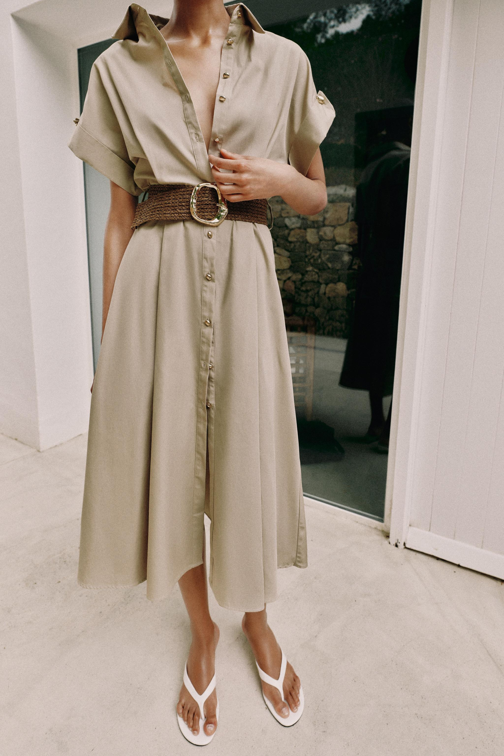 BELTED POPLIN MIDI DRESS | Zara US