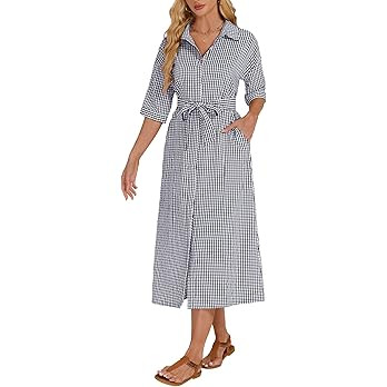 Women's Half Sleeve Plaid Maxi Dress 2026 Spring Summer Gingham Casual Button Down Long Loose Bel... | Amazon (US)
