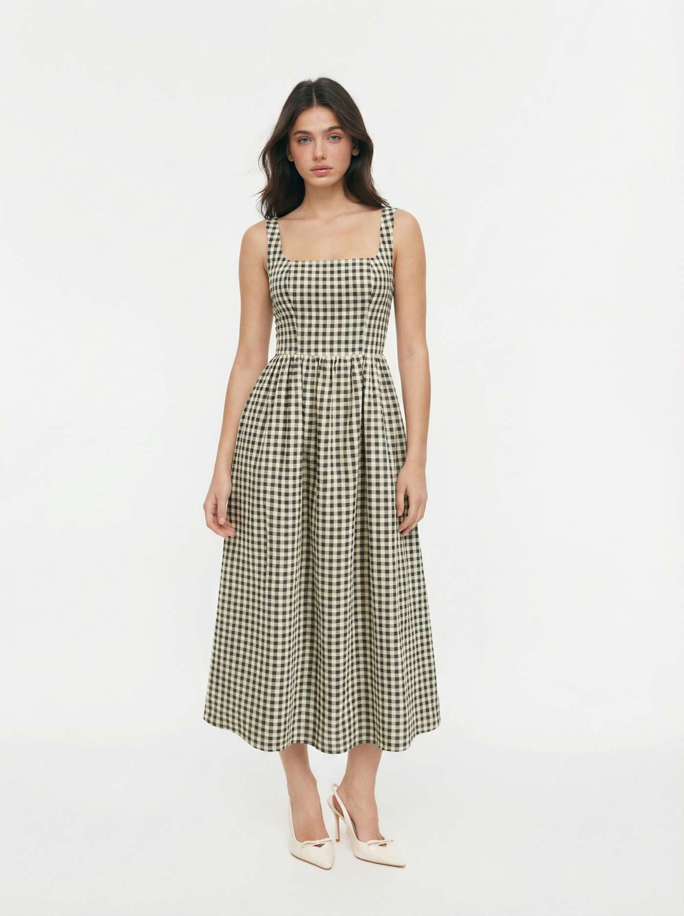 Woven Cotton-blend Square Neck Gingham A-line Maxi Dress For Daily Casual | Cider