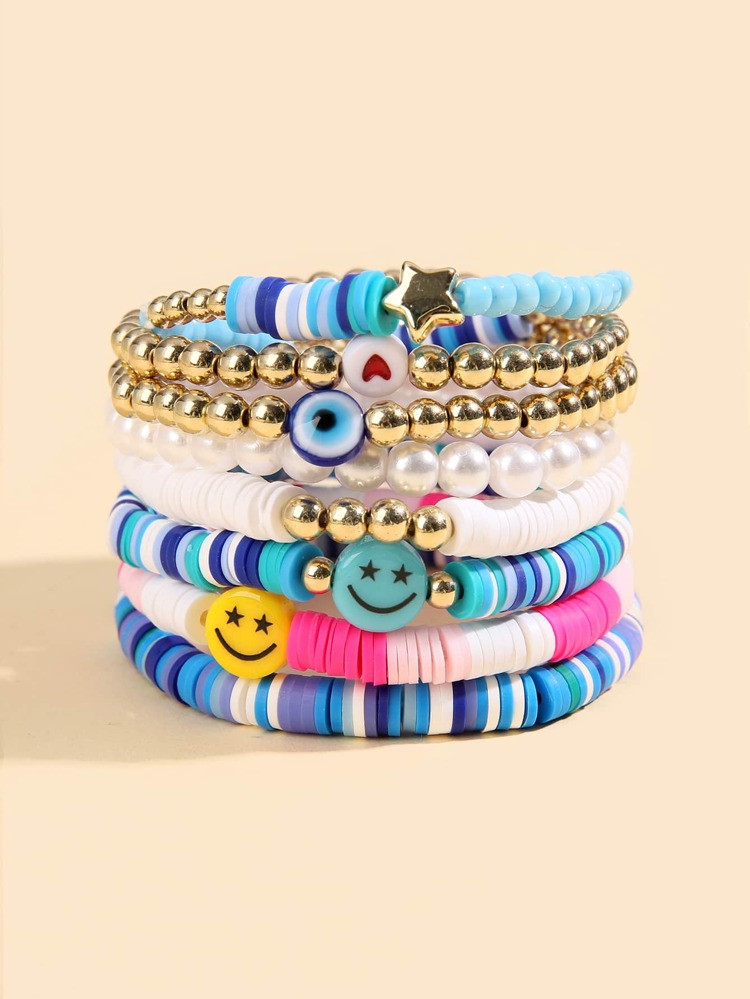 8pcs Expression & Evil Eye Detail Beaded Bracelet | SHEIN