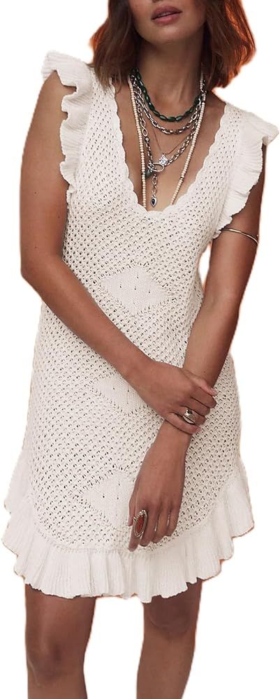 Yuemengxuan Women Crochet Summer Dresses 2024 Sleeveless Ruffle Mini Tank Dress Graduation Dress ... | Amazon (US)