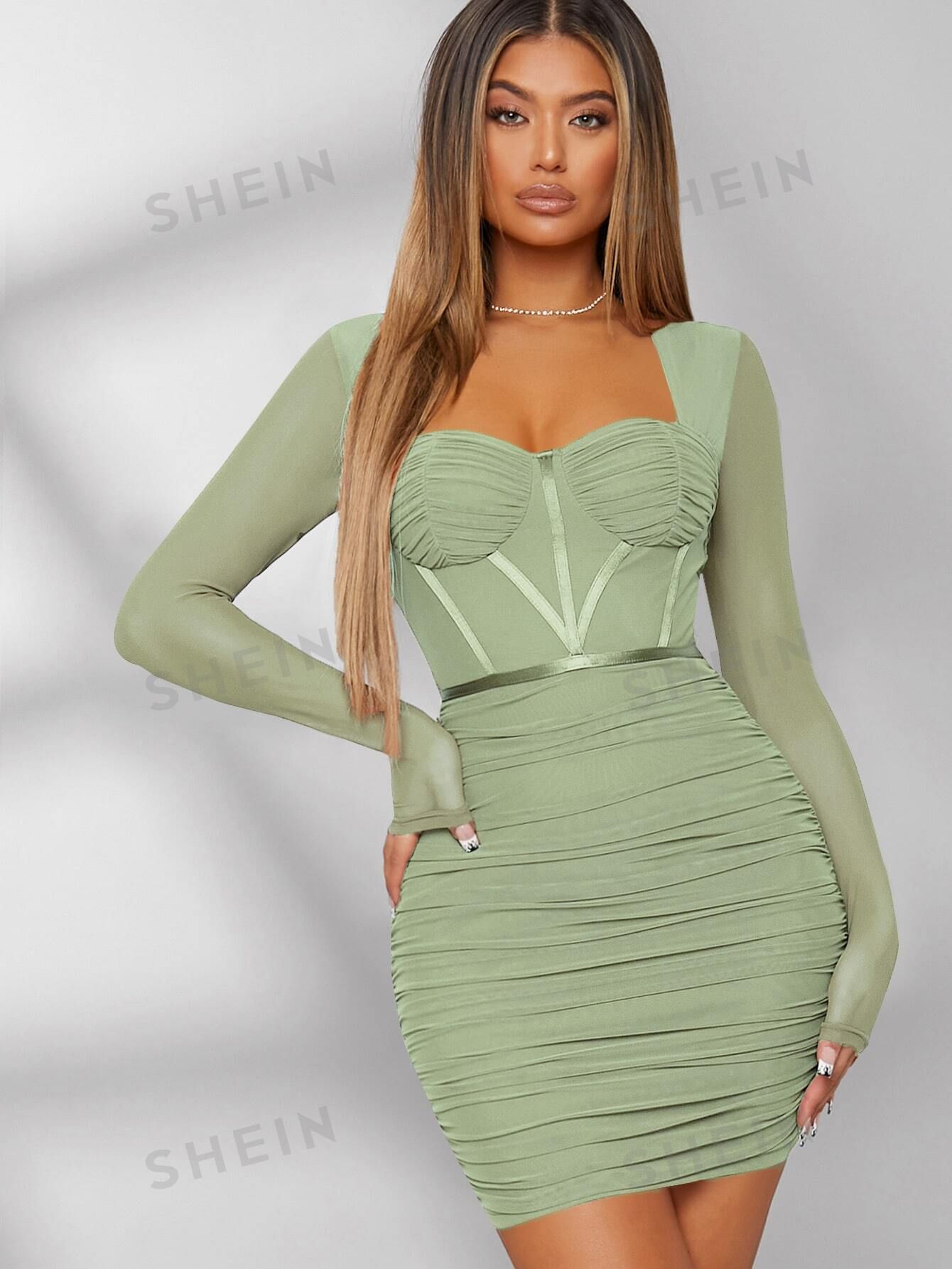 SHEIN Haute Ruched Mesh Bustier Bodycon Dress | SHEIN