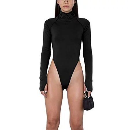 AZHONG Women's Basic Solid Bodysuit Turtleneck Leotard Top Long Sleeve Bodycon Jumpsuit Stretchy Rom | Walmart (US)