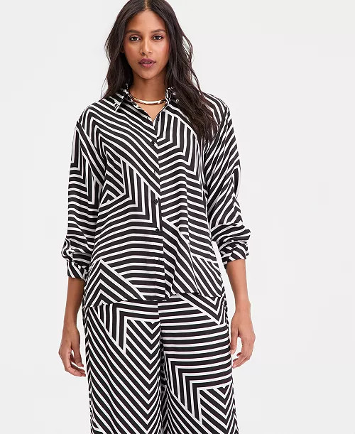 Women's Long-Sleeve Printed Button-Front Collared Shirt, Macy's Exclusive | Macy's