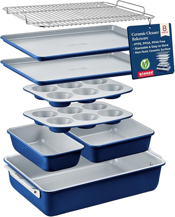 Bakken 8-Piece Stackable Bakeware Set - Ceramic Non-Stick Coating, Baking Sheets, Assorted Baking... | Amazon (US)